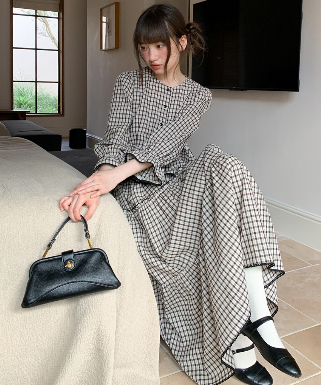 チェック柄ペプラムブラウス＋ティアードスカート 2点セット