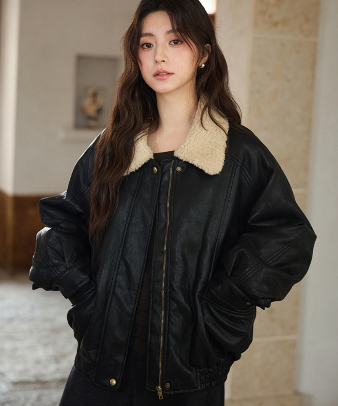 ボア襟フェイクレザーブルゾン