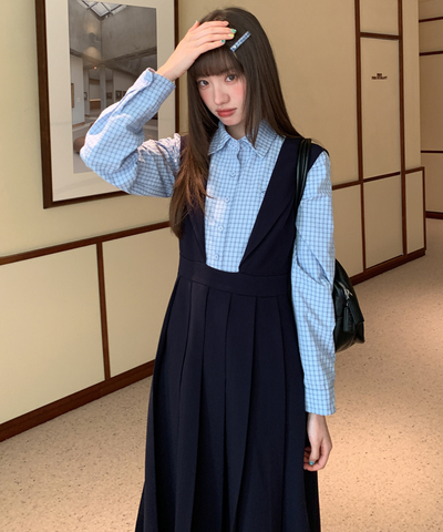 セーラーカラーボックスプリーツロングワンピース