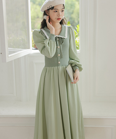 配色リブカラーバルーンスリーブフレアワンピース