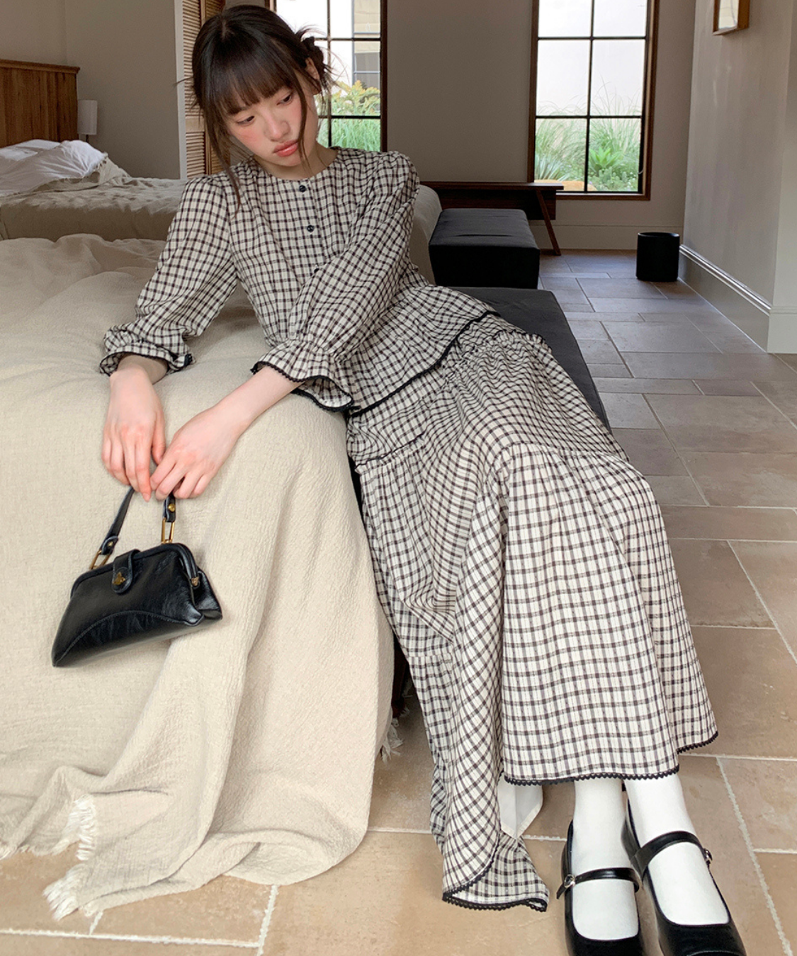 チェック柄ペプラムブラウス＋ティアードスカート 2点セット