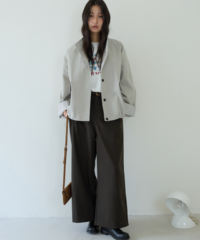 スタンドカラーカフスチェック柄ドローストリングジャケット