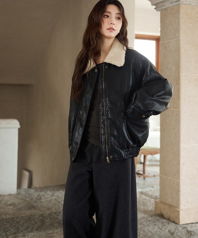 ボア襟フェイクレザーブルゾン