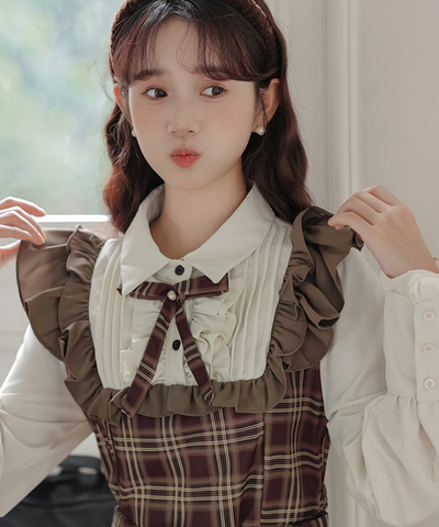 ピンタックブラウスドッキングチェック柄ワンピース