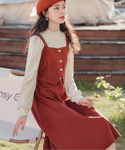 肩紐付きビスチェ風フェイクレイヤードワンピース