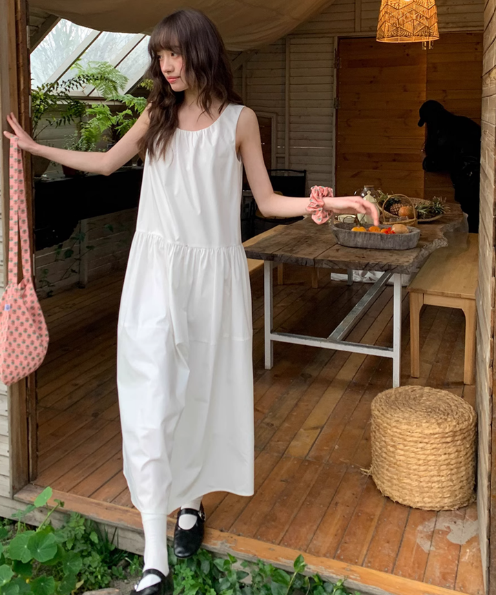 美品希少慈雨変形襟切り替えチュニックノースリーブロングワンピースポケット日本製 ノースリーブラウンドネックウエスト切り替えワンピース – jemiremi
