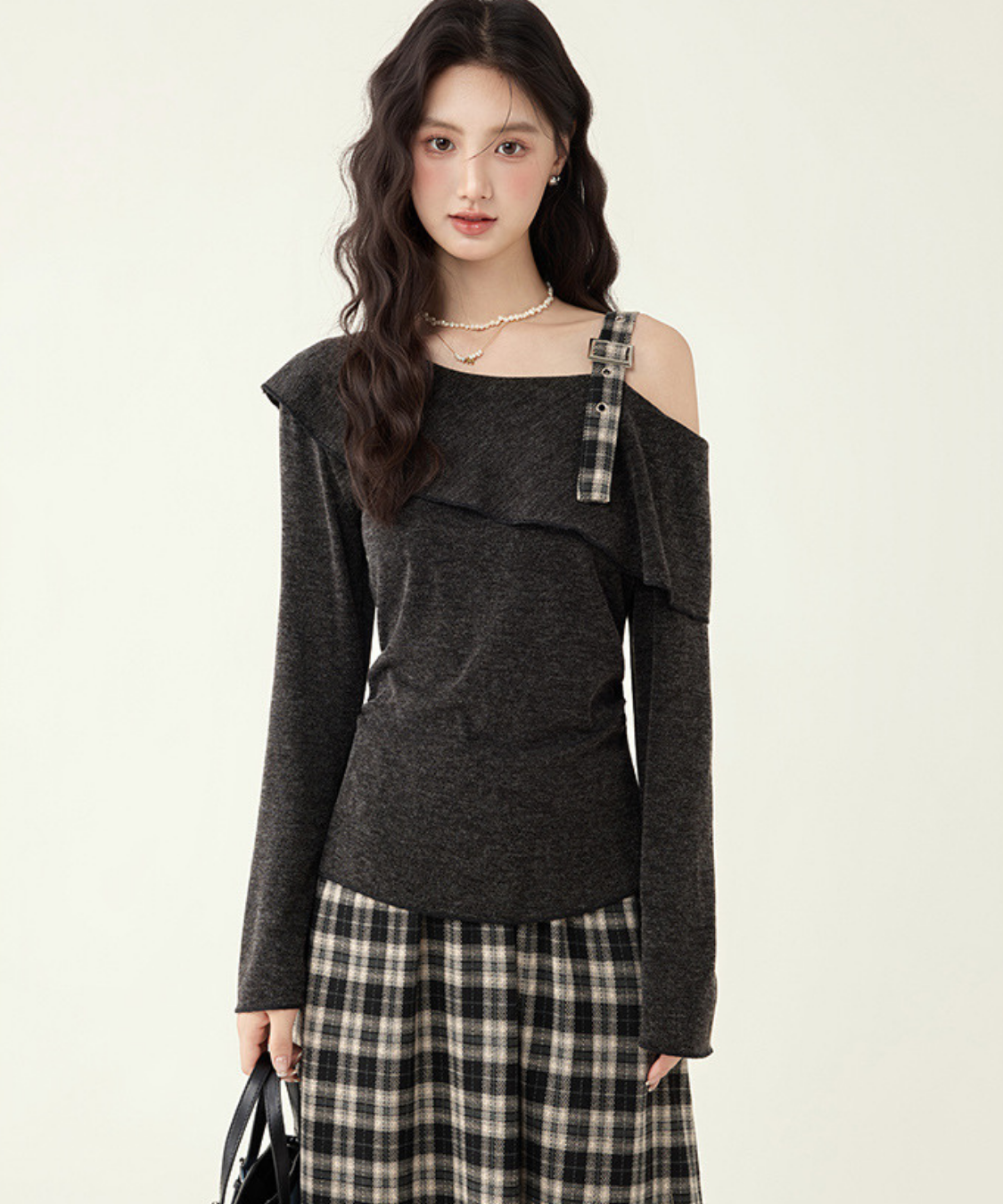 アシンメトリーボートネックトップス＋チェックフレアスカート 2点セット