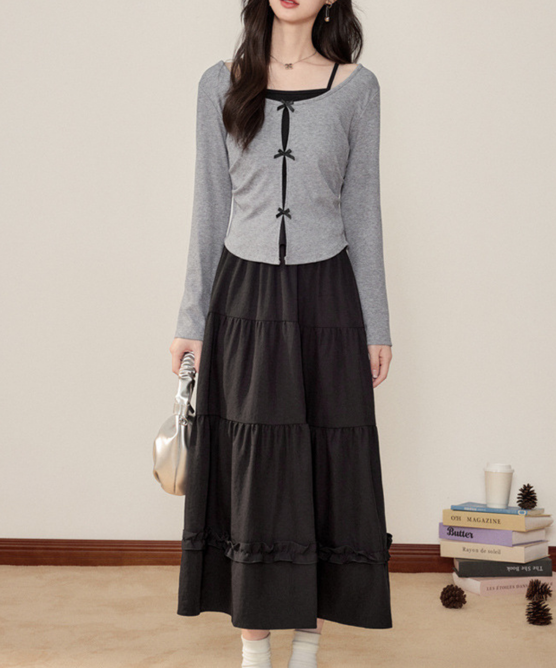 リボンフェイクレイヤードトップス＋ティアードフリルスカート 2点セット