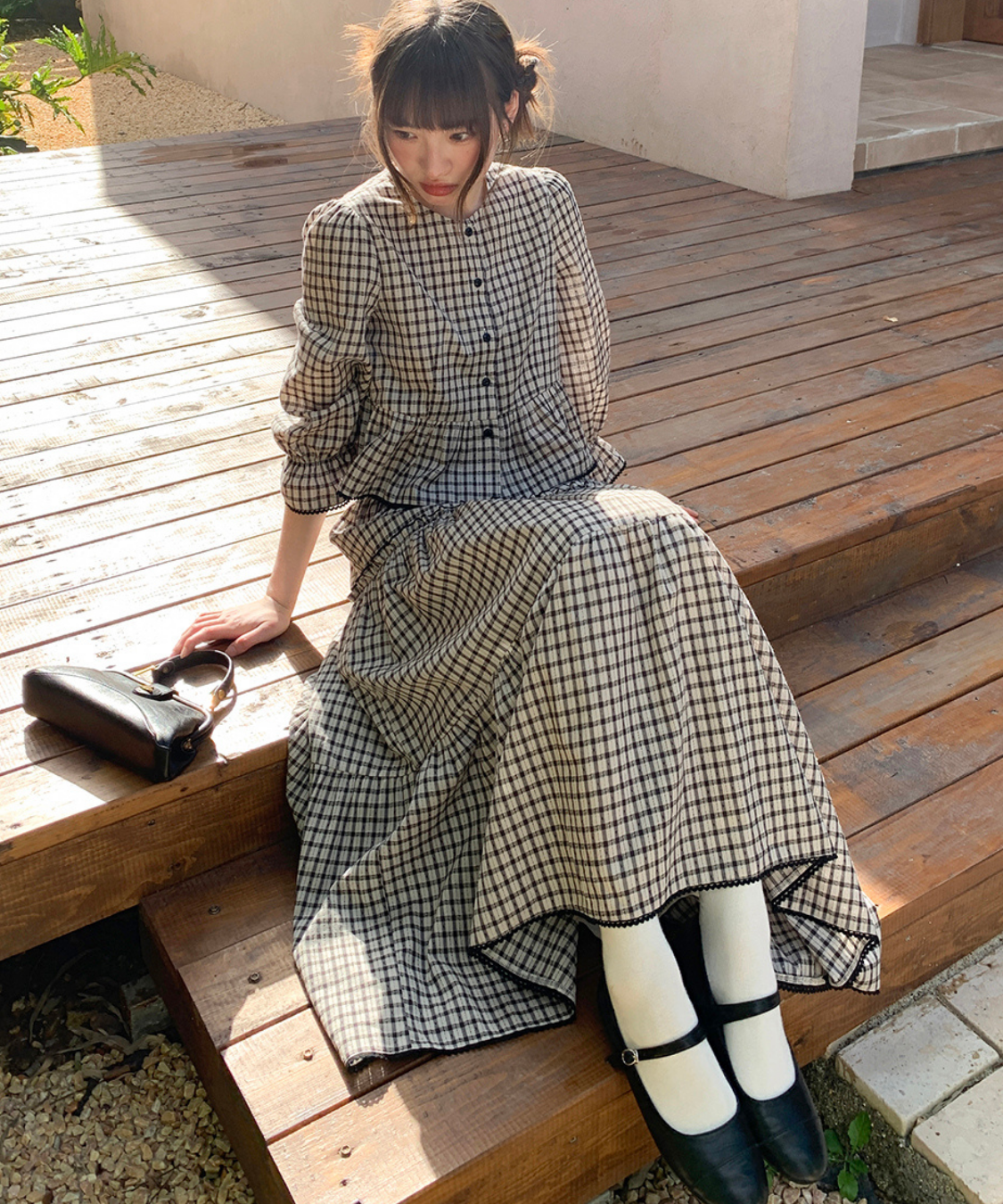 チェック柄ペプラムブラウス＋ティアードスカート 2点セット