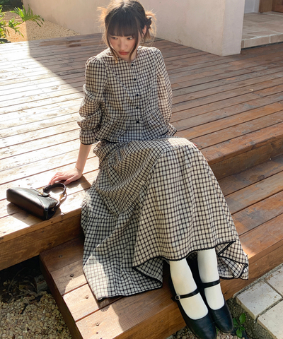 チェック柄ペプラムブラウス＋ティアードスカート 2点セット