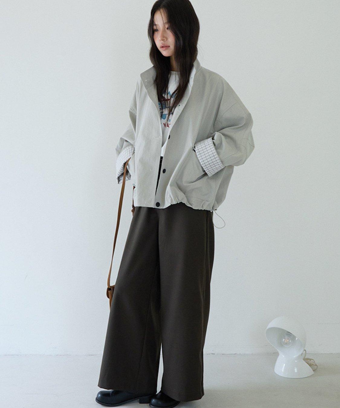 スタンドカラーカフスチェック柄ドローストリングジャケット