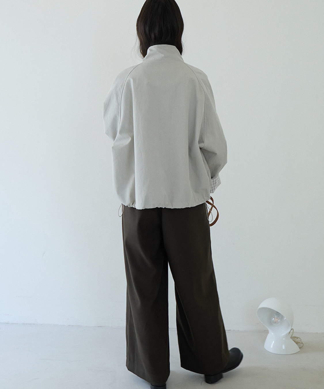 スタンドカラーカフスチェック柄ドローストリングジャケット