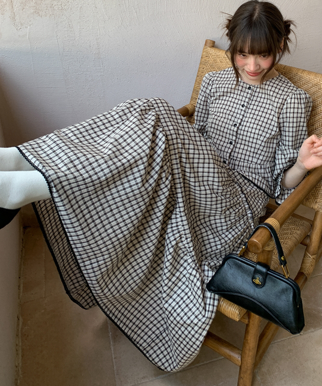 チェック柄ペプラムブラウス＋ティアードスカート 2点セット