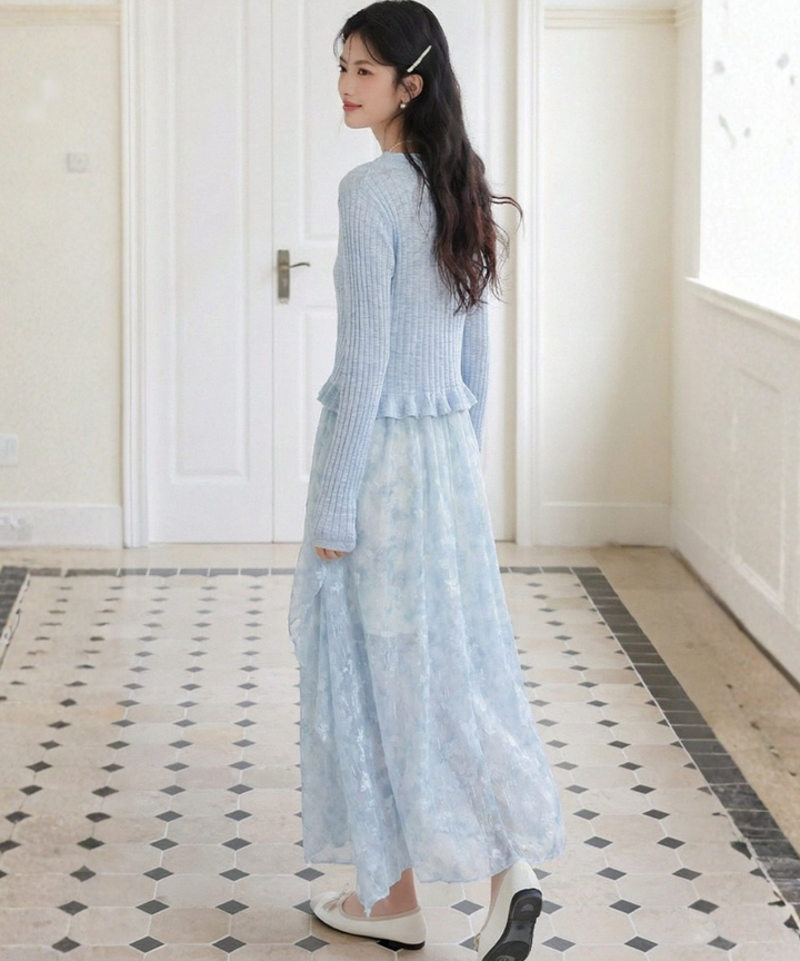 Vネックフリルカーディガン＋フラワー柄スリットフリルワンピース 2点