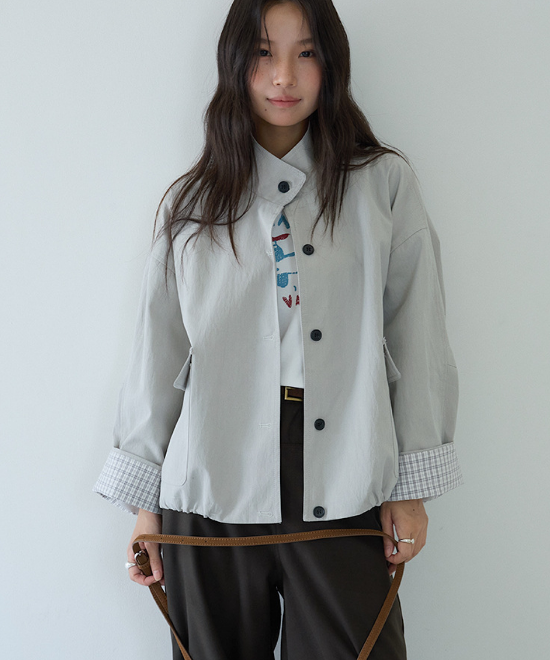 スタンドカラーカフスチェック柄ドローストリングジャケット