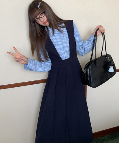 セーラーカラーボックスプリーツロングワンピース