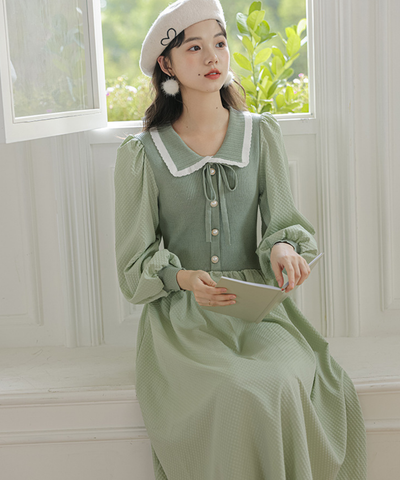 配色リブカラーバルーンスリーブフレアワンピース