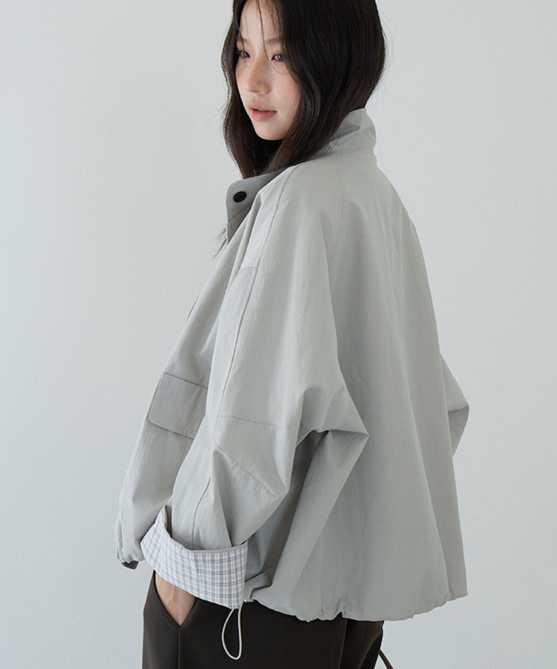 スタンドカラーカフスチェック柄ドローストリングジャケット