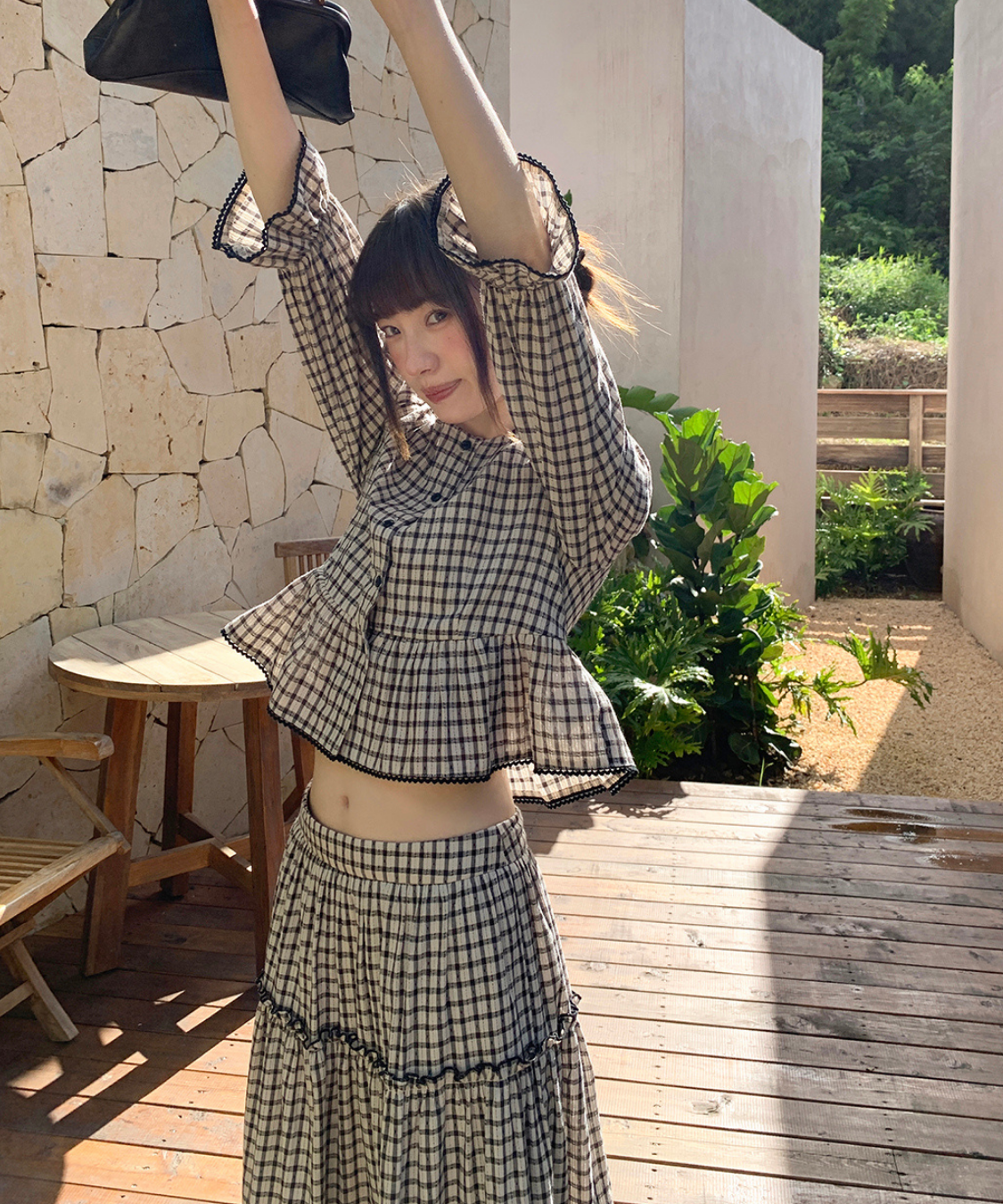 チェック柄ペプラムブラウス＋ティアードスカート 2点セット