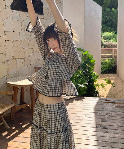 チェック柄ペプラムブラウス＋ティアードスカート 2点セット