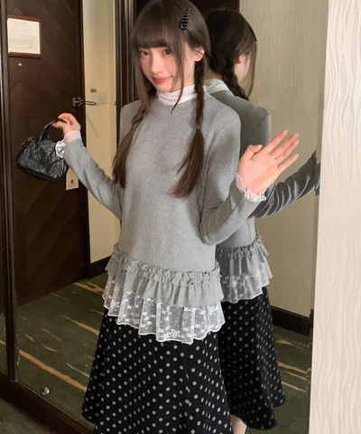 裾フリルニット＋レースハイネックインナー 2点セット