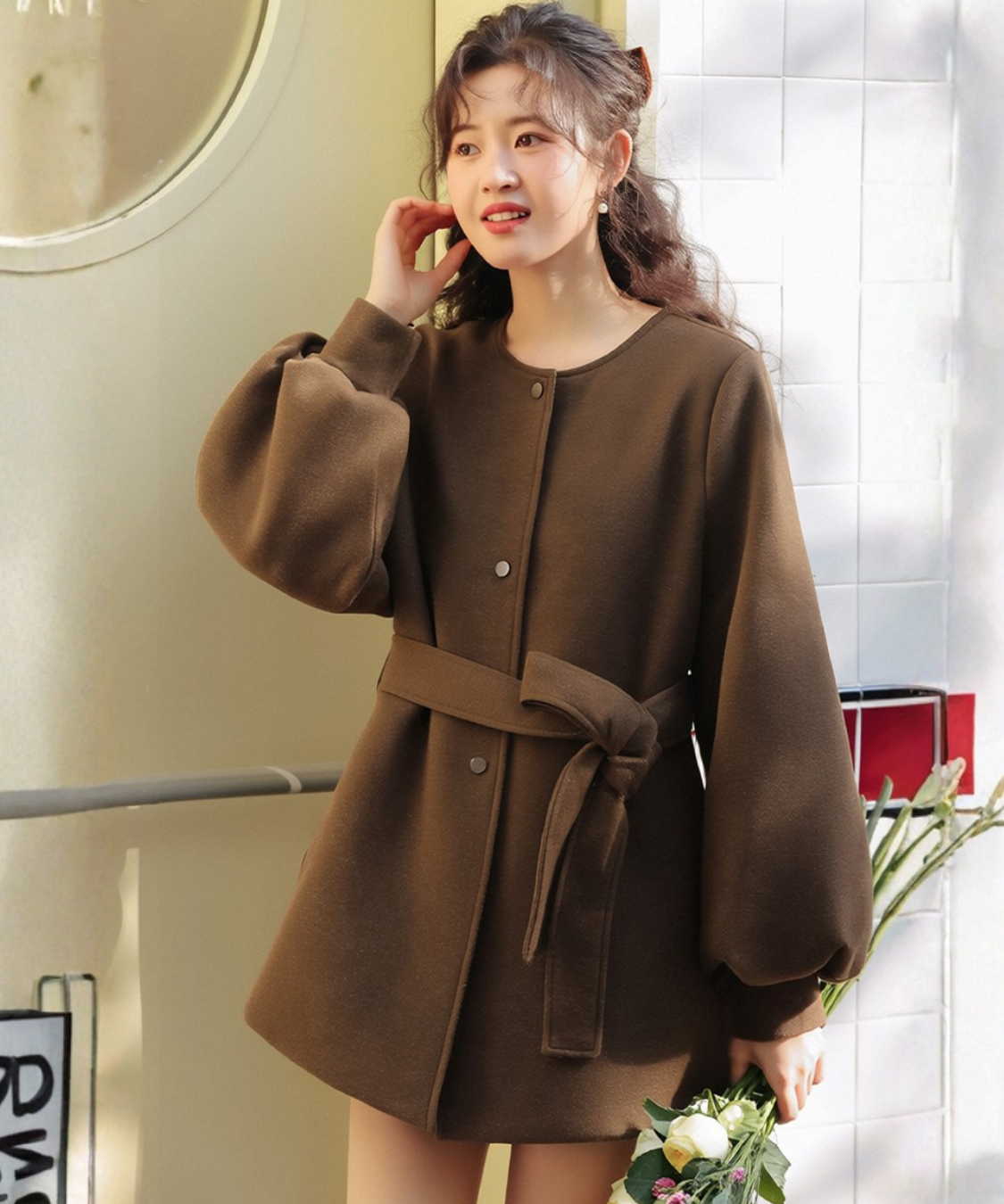 ノーカラーウエストリボンショートコート