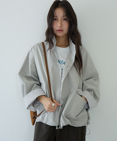 スタンドカラーカフスチェック柄ドローストリングジャケット