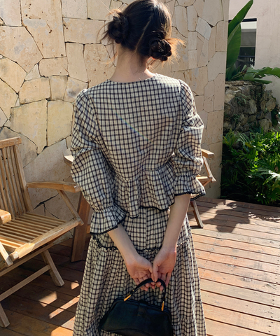 チェック柄ペプラムブラウス＋ティアードスカート 2点セット