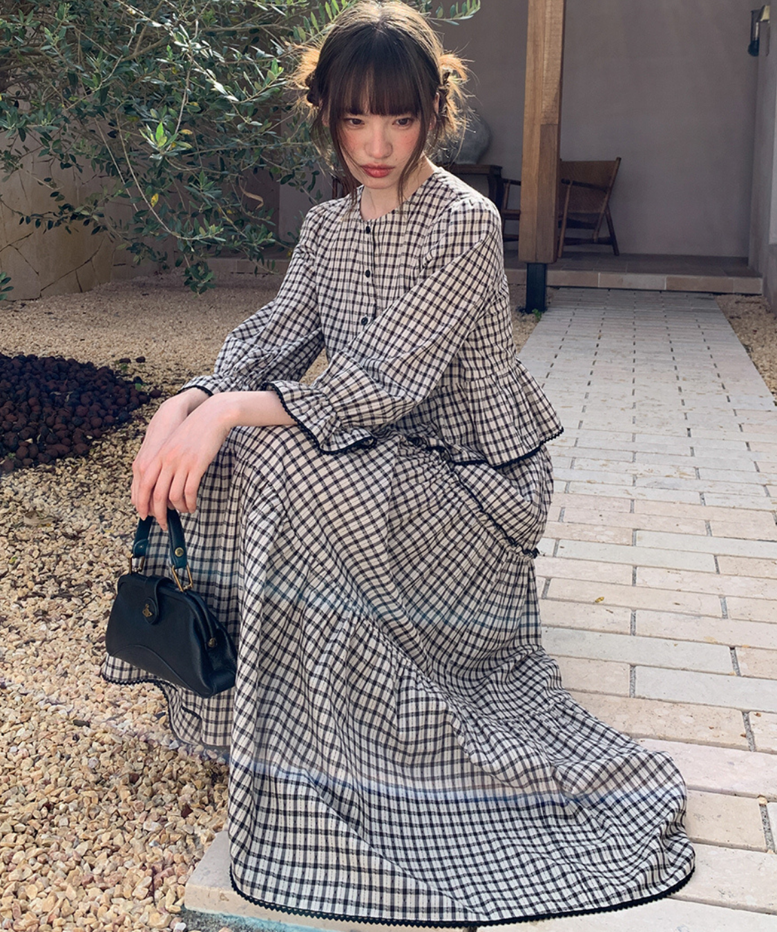 チェック柄ペプラムブラウス＋ティアードスカート 2点セット