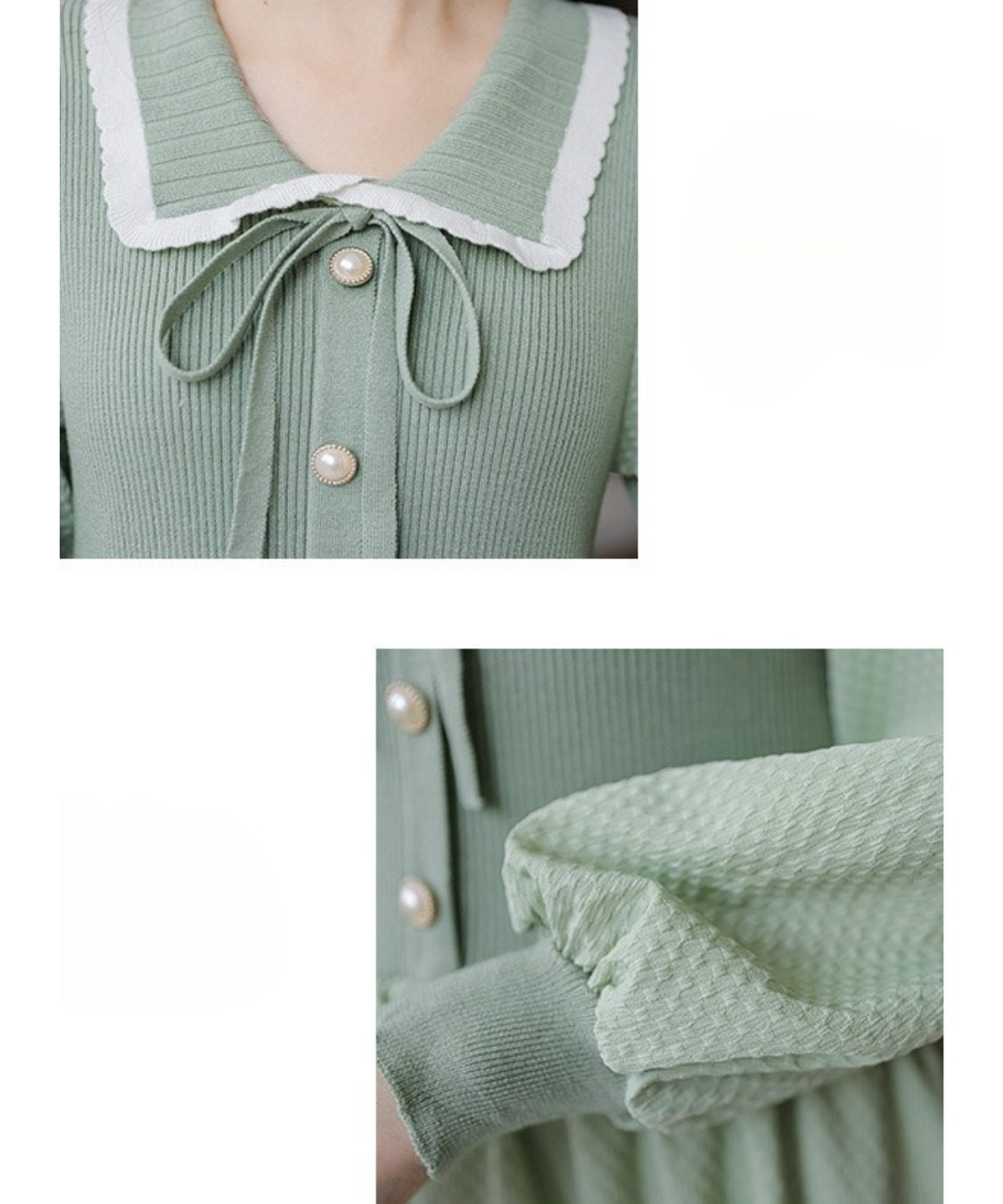 配色リブカラーバルーンスリーブフレアワンピース