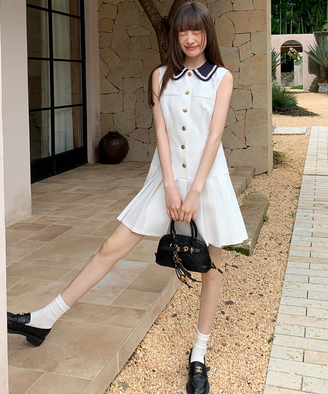 配色ニット襟ボックスプリーツノースリーブワンピース