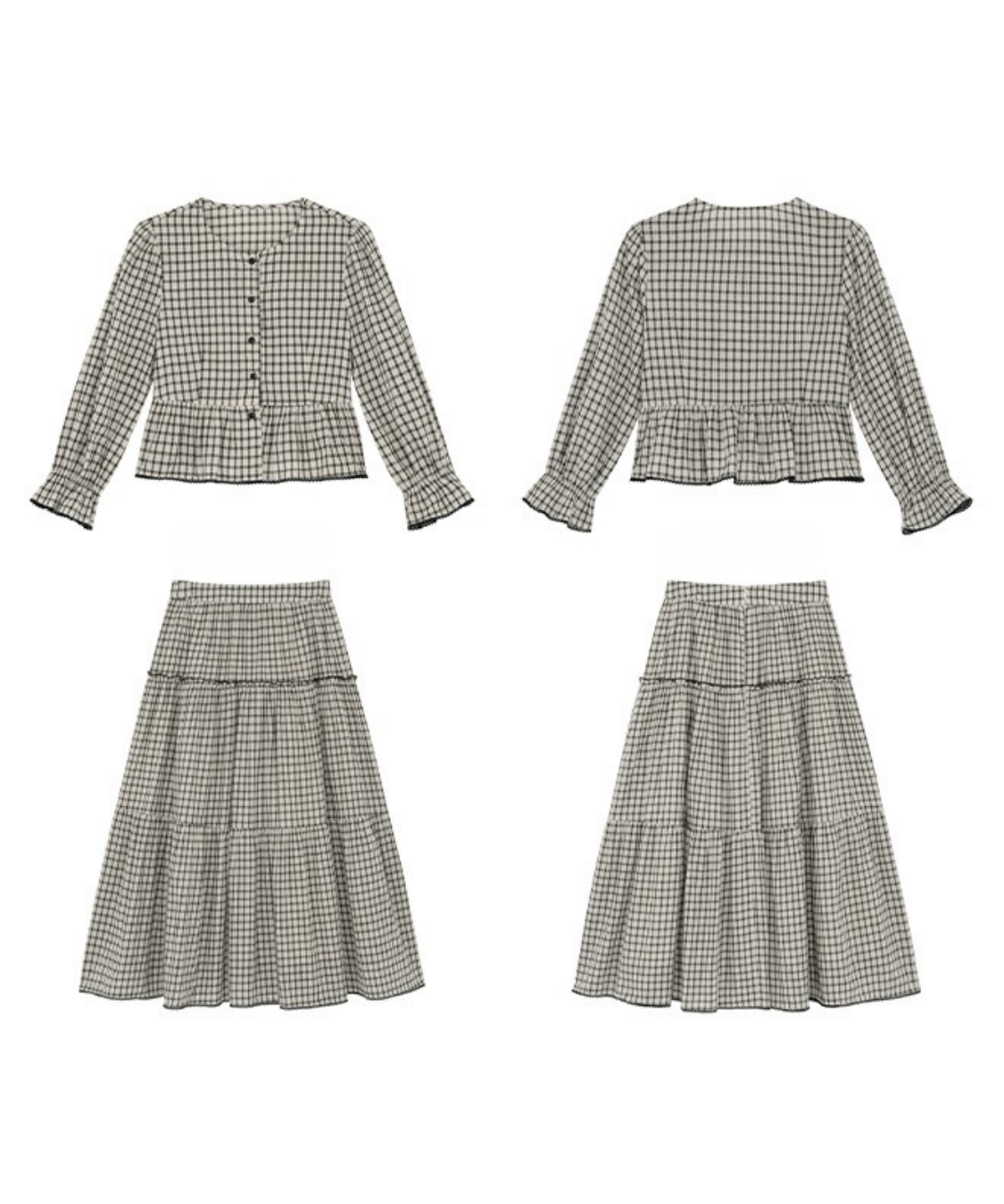 チェック柄ペプラムブラウス＋ティアードスカート 2点セット