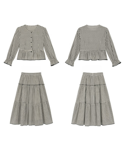 チェック柄ペプラムブラウス＋ティアードスカート 2点セット