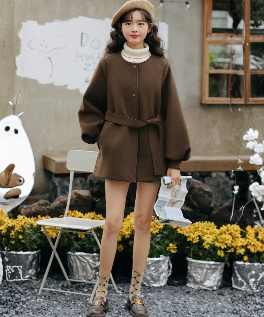 ノーカラーウエストリボンショートコート