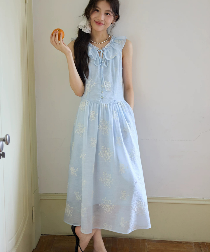 フリルカラー花柄刺繍ノースリーブワンピース – jemiremi（ジェミレミ）