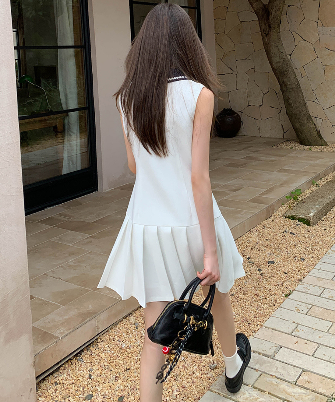 配色ニット襟ボックスプリーツノースリーブワンピース