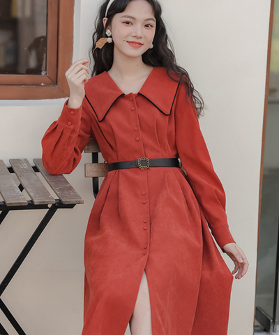 配色セーラーカラーフロントボタンフレアワンピース