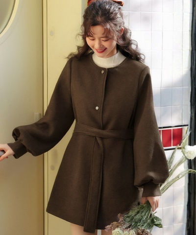 ノーカラーウエストリボンショートコート