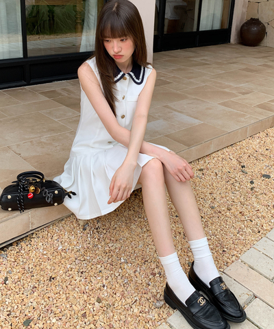 配色ニット襟ボックスプリーツノースリーブワンピース