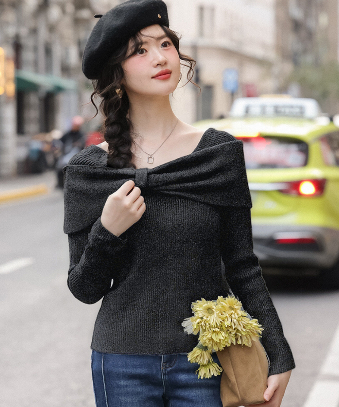 オフショルダービッグリボン風リブトップス