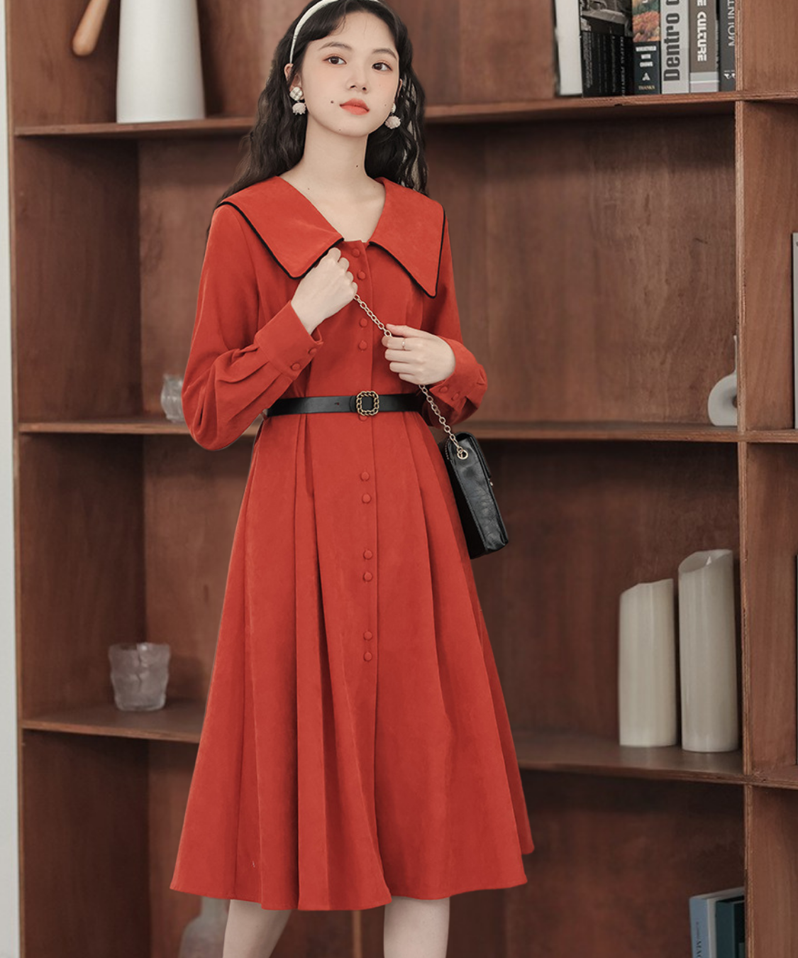 配色セーラーカラーフロントボタンフレアワンピース