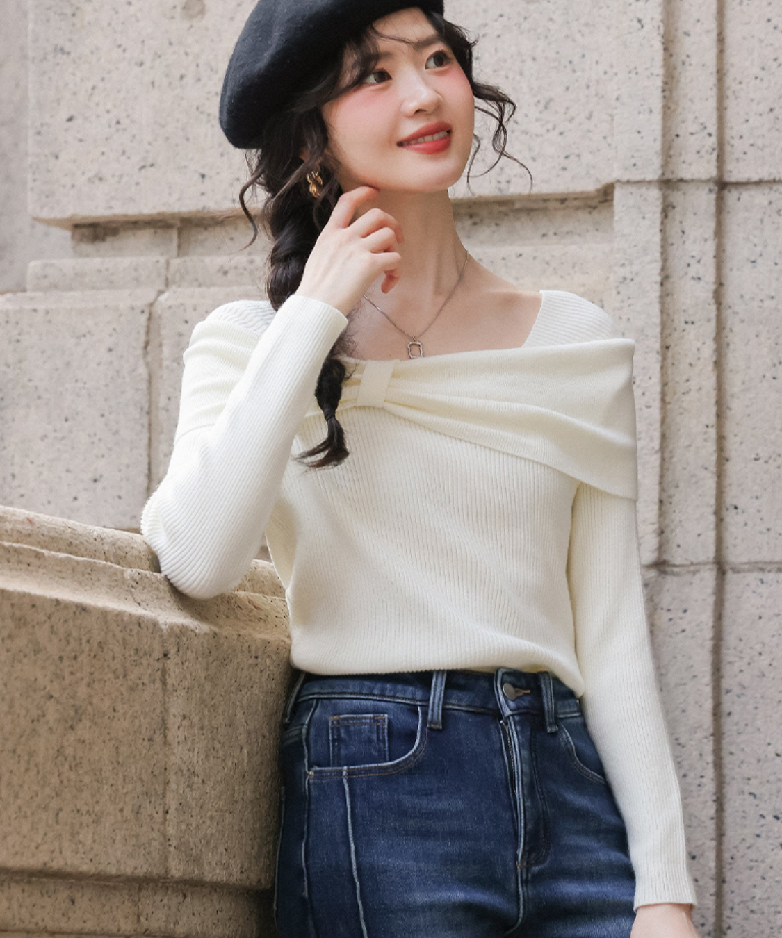 オフショルダービッグリボン風リブトップス