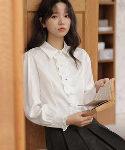 シャツカラーフロントフリルパールボタンブラウス