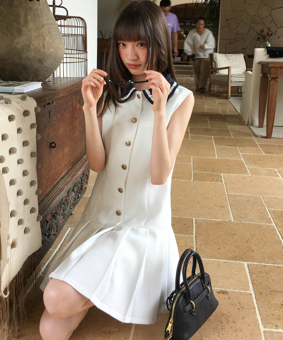 配色ニット襟ボックスプリーツノースリーブワンピース