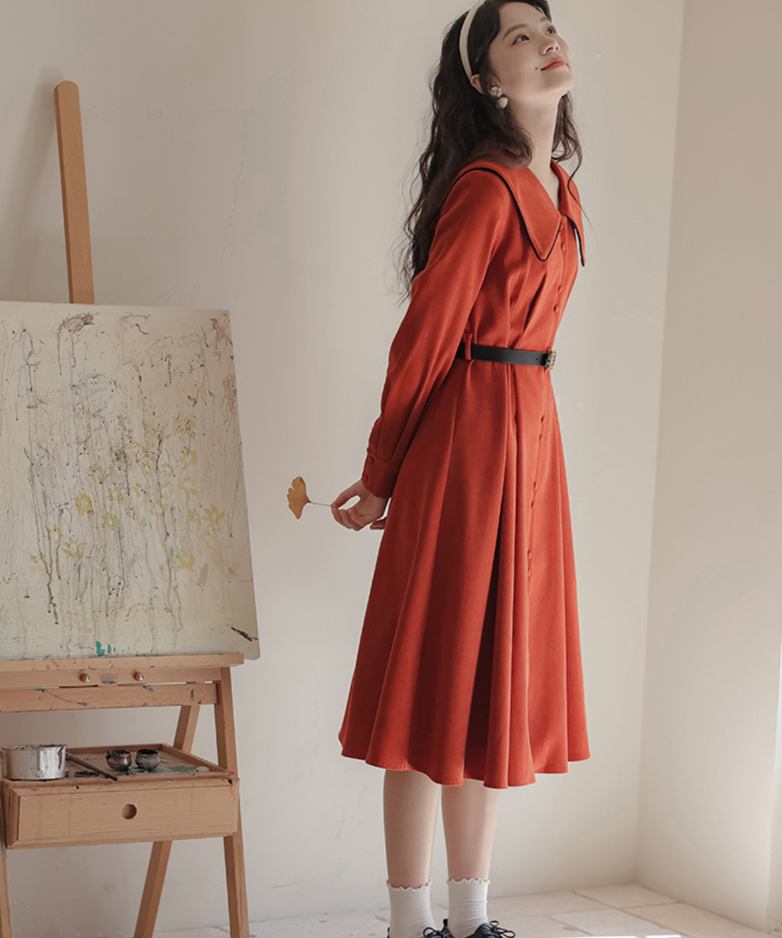 配色セーラーカラーフロントボタンフレアワンピース