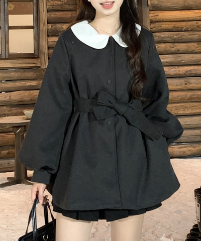 ノーカラーウエストリボンショートコート