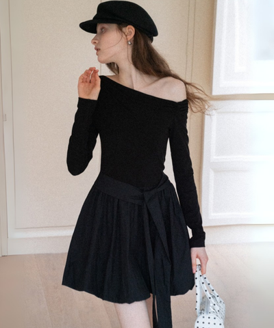 アシンメトリーネックバルーンスカートミニワンピース