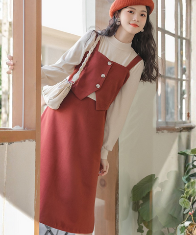 肩紐付きビスチェ風フェイクレイヤードワンピース