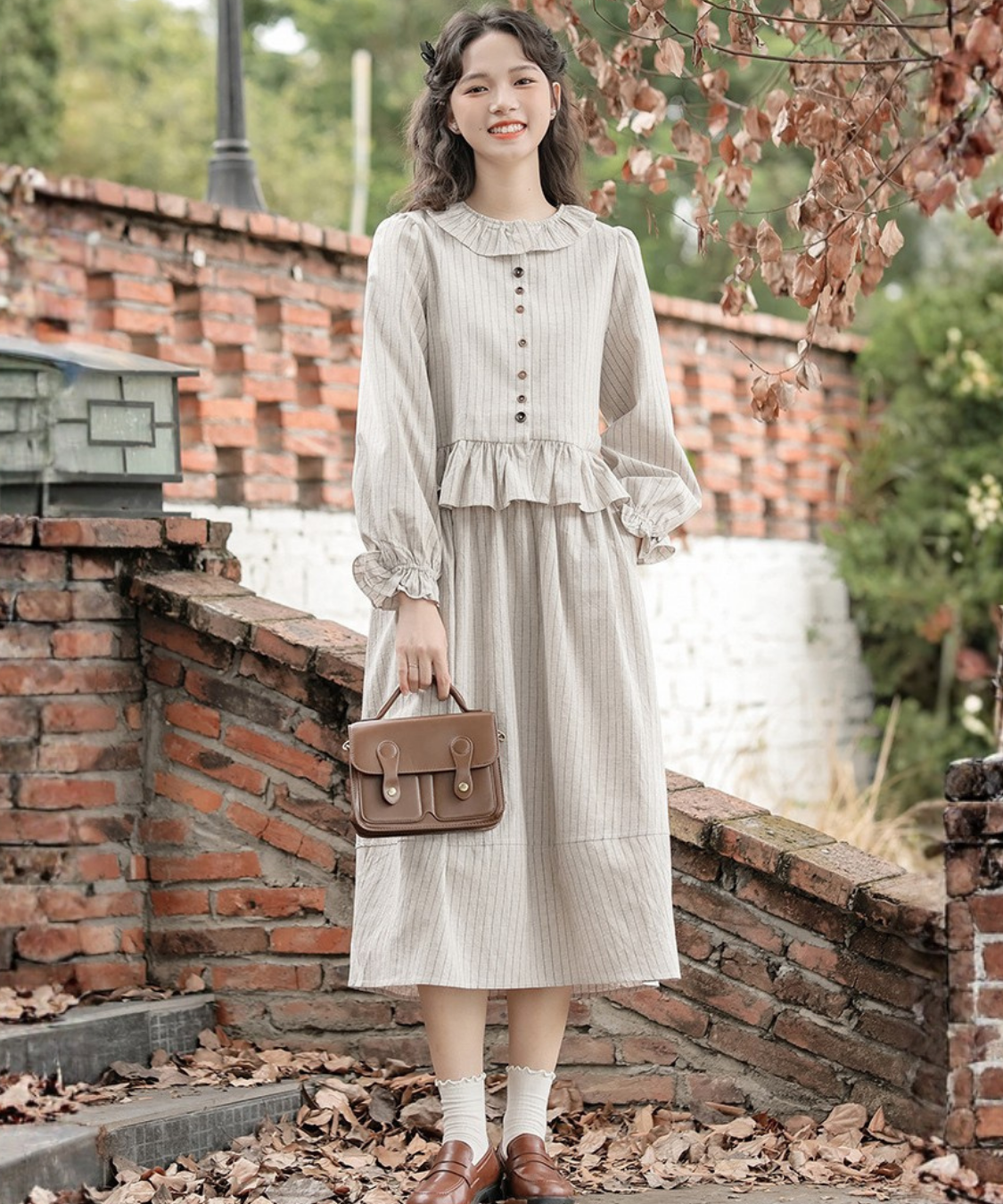 フリル襟ペプラムブラウス＋ストライプフレアスカート 2点セット