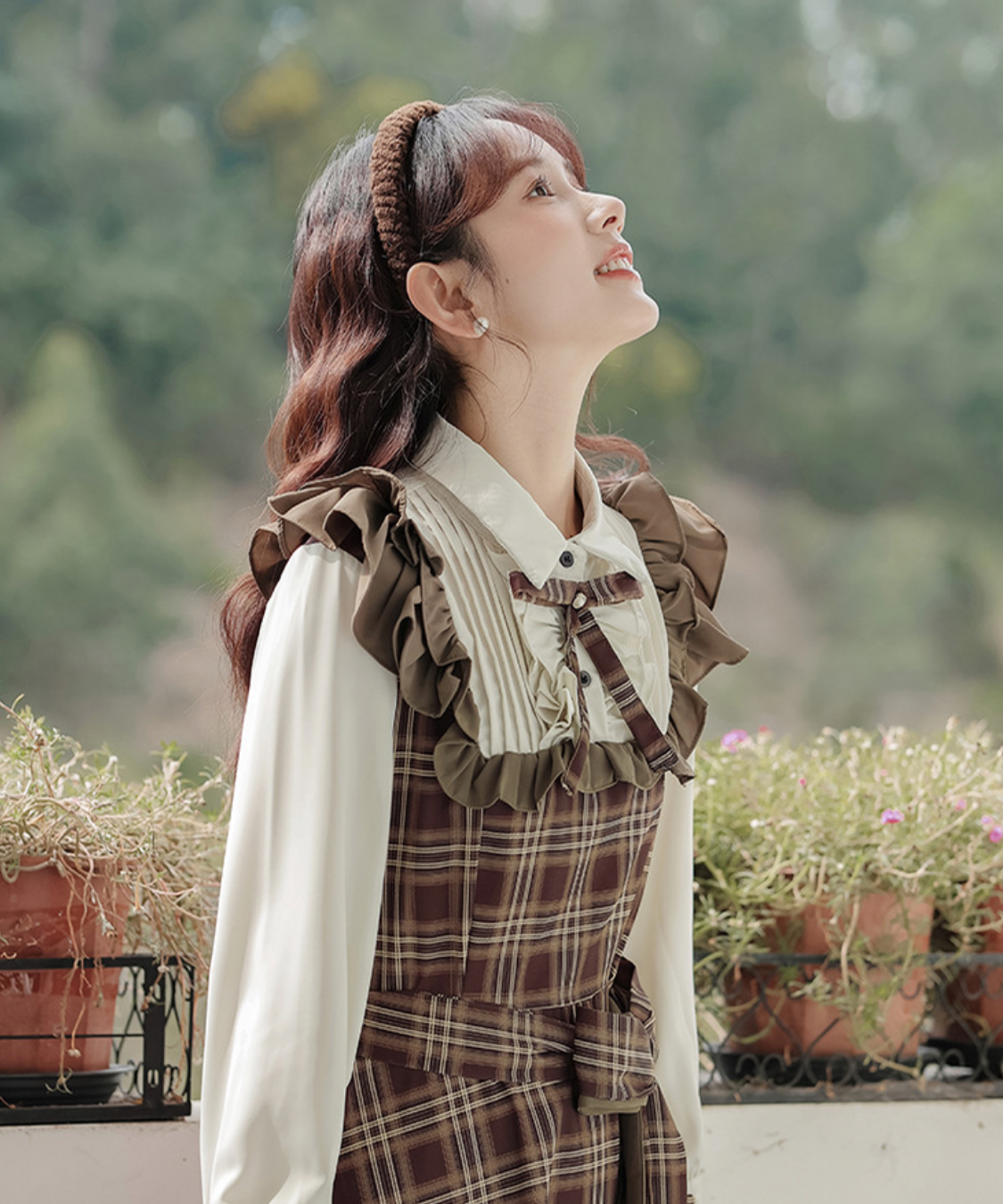 ピンタックブラウスドッキングチェック柄ワンピース